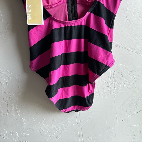 Michael Kors Zip Front One-Piece with Logo Zipper Pink and Black Stripes Size 6 - Picture 9 of 14